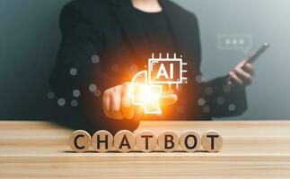 ChatBot Chat with AI, Artificial Intelligence. man chatting with a smart AI robot, artificial intelligence by enter command prompt for generates something, Futuristic technology transformation. photo