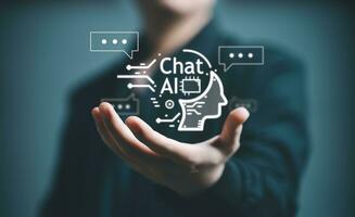 ChatBot Chat with AI, Artificial Intelligence. man chatting with a smart AI robot, artificial intelligence by enter command prompt for generates something, Futuristic technology transformation. photo