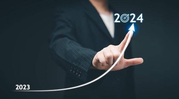 2024 Business Planning, Strategy, creative, idea concept. Businessman pointing chart graph with 2024 business icon, new setting goal, objective, target, goal, new year's resolution, business marketing photo