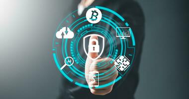 Businessmen Fingerprint scanning on virtual screen for access to security system, internet banking, cloud system, data protection technology, digital futuristic application and Cyber security concept. photo