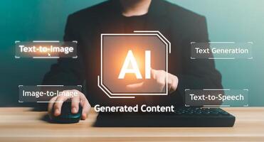 AI, Artificial Intelligence, content Concept. Artist Man using AI Art to generate image content. Text to image command prompt generates, technology Business, futuristic transformation. photo