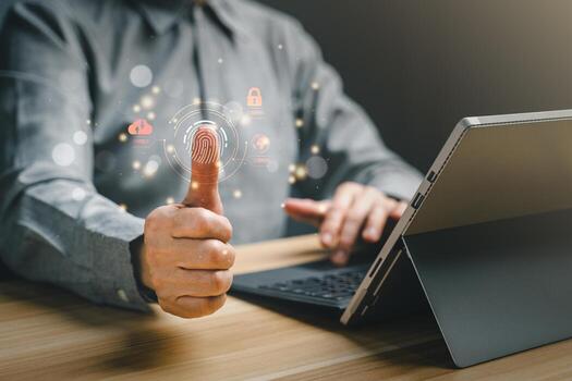 Fingerprint scanning, authentication, cybersecurity and fingerprint password for future technology security system and prevent hacker concept. Idea for E-kyc, electronic know your customer. photo