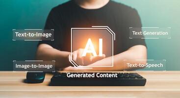 AI, Artificial Intelligence, content Concept. Artist Man using AI Art to generate image content. Text to image command prompt generates, technology Business, futuristic transformation. photo