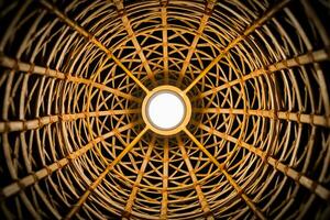 Perspective Photography of wicker texture with a handmade traditional light bulb, abstract background. The ancient classic pattern of bamboo Thai wickerwork. photo