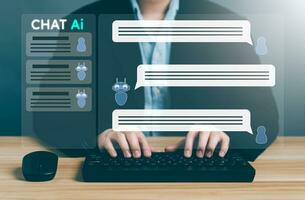 ChatBot Chat with AI, Artificial Intelligence. man chatting with a smart AI robot, artificial intelligence by enter command prompt for generates something, Futuristic technology transformation. photo