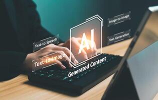 AI, Artificial Intelligence, content Concept. Artist Man using AI Art to generate image content. Text to image command prompt generates, technology Business, futuristic transformation. photo