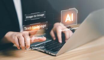 AI, Artificial Intelligence, content Concept. Artist Man using AI Art to generate image content. Text to image command prompt generates, technology Business, futuristic transformation. photo
