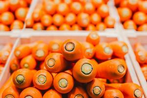 Fresh carrots in grocery store, Health and natural products. photo