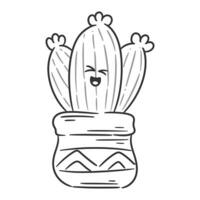 Cute cactus having happy laughing face expression with pot for coloring vector