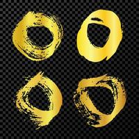 Gold grunge brush strokes. Set of four painted rounded shapes. Ink circle spot isolated on dark vector