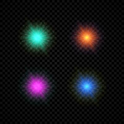 Light effect of lens flares. Set of four green, orange, purple and blue glowing lights starburst effects with sparkles on a dark