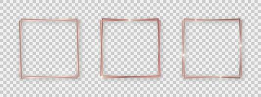 Double square shiny frames with glowing effects. Set of three rose gold double square frames with shadows vector