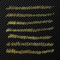 Set of doodle style various wavy lines and strokes. Gold hand drawn design elements on dark vector