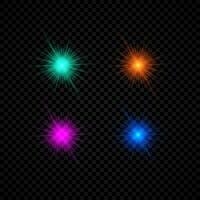 Light effect of lens flares. Set of four green, orange, purple and blue glowing lights starburst effects with sparkles on a dark vector