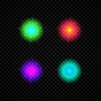 Light effect of lens flares. Set of four green, orange, purple and blue glowing lights starburst effects with sparkles on a dark vector