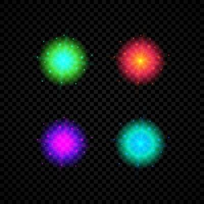 Light effect of lens flares. Set of four green, orange, purple and blue glowing lights starburst effects with sparkles on a dark