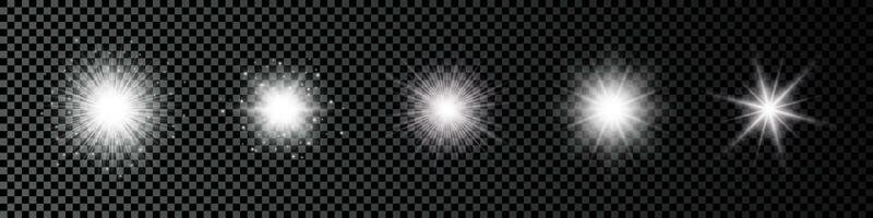 Light effect of lens flares. Set of five white glowing lights starburst effects with sparkles on a dark vector