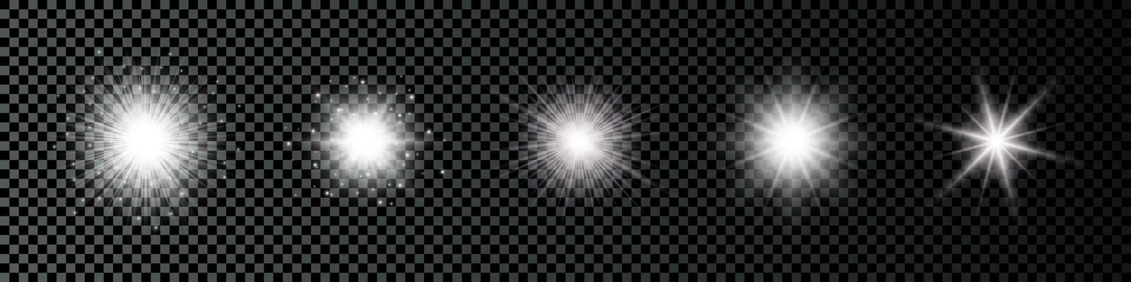 Light effect of lens flares. Set of five white glowing lights starburst effects with sparkles on a dark