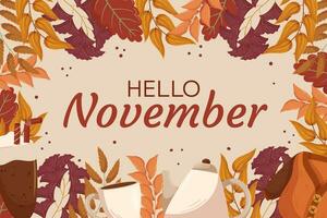 Hello November background design with different leaves branches, hot cocoa drink, warm sweater, teapot and tea cup, copy space. Fall concept backdrop frame with autumn orange and red foliage. vector