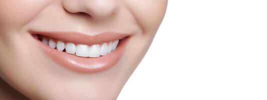 Banner tooth whitening Perfect white teeth close up, dental care and stomatology Copyspace for text. AI Generative photo