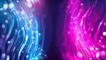 Abstract futuristic background with pink blue neon lines glowing in ultraviolet light, and bokeh lights. photo