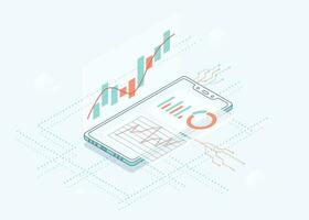 A smartphone with analytics data, graphs and charts on the screen. Mobile technologies. High technology. vector