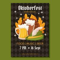 Oktoberfest German beer festival poster template. Design with glass of light and dark beer, tyrolean hat and leaves. Rhombus pattern on back vector