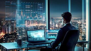 A solitary trader studies stock market graphs on expansive multi monitor workstations, employing mobile app analytics for cryptocurrency and investment growth chart analysis. . photo