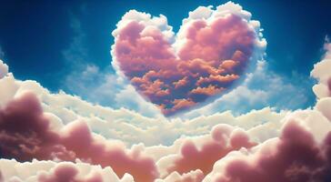Pink fluffy soft clouds of heart form. Beautiful cloudy sky. Dream cloud of heaven. Nature background or backdrop with copy space. photo