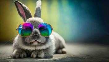 Fashionable stylish rabbit in sunglasses. Trendy concept with a modern cartoon bunny. Generative AI photo