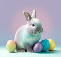 Easter Bunny next to eggs and flowers. Festive spring concept with rabbit. Generative AI photo