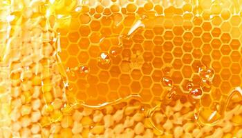 Pouring golden honey texture. Healthy and natural delicious sweets. Flow dripping yellow melted liquid. Food background. AI Generative photo