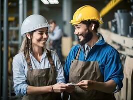 retrato de contento industrial fábrica trabajadores hombre y mujer, profesional trabajador en un casco. labor día concepto con gente. ai generativo foto