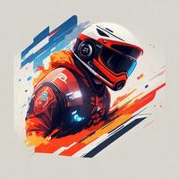 Dynamic racer wearing helmet. Extreme sport illustration. AI generated. photo