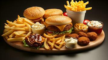 rápido comida y bebidas en un mesa con un hamburguesa, papas fritas, pollo, y soda. ai generado foto