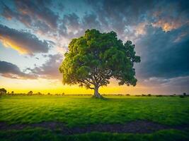 gratis foto amplio ángulo Disparo de un soltero árbol creciente debajo un nublado cielo durante un puesta de sol rodeado por césped