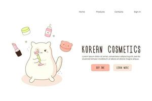 web pancartas concepto sitio web coreano productos cosméticos linda kawaii gato vector