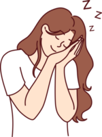Woman sleeping standing and smiling resting head in hands, needing rest due to overwork or laziness png