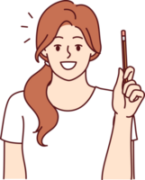 Happy woman has come up with new idea and is holding up pencil to share thoughts and discuss topic png