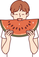 Little boy eats watermelon enjoying taste of juicy fruit that allows to refresh in summer weather png