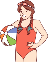 Little girl with water volleyball ball is dressed in bathing suit for visiting pool or beach png