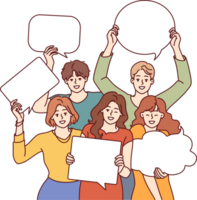 People with speech bubbles in hands are invited to visit conversation club and exchange opinions png