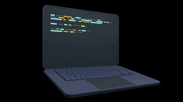 3d laptop en programma code ontwikkeling. web codering concept. laptop met programmering code. laptop scherm. codering scherm. transparant achtergrond met alpha kanaal video