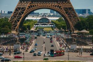 Sunny close up view of Eiffel Tower in Paris photo