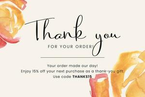 Thank you for your ORDER, printable vector illustration with watercolor frame. Business thank you customer card, creative graphic design template. Soft watercolor background, business card.