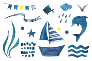 Sailing boat blue striped with a dolphin, waves, fish, ribbons, flags, bubbles. Watercolor illustration hand drawn in children's style. Set of isolated elements png