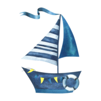 Nice blue boat with straped sails, garland flags, life buoy, ribbon. Hand-drawn watercolor illustration in children's style. Isolated object png