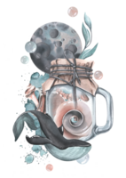 A glass jar with whale, seashells, algae, bubbles and a moon. Watercolor illustration hand drawn. Isolated composition png