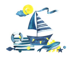 Sailing boat striped floats on the sea with a whale, seascape. Watercolor illustration hand drawn in children's style. Isolated composition png