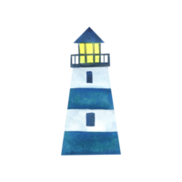 Striped lighthouse in nautical blue and yellow. Watercolor illustration, hand drawn, in a children's, style. png
